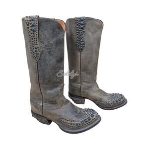 Lucchese RARE Mad Dog Wingtip Studded Grey Distressed Western Cowgirl Boots 7.5B